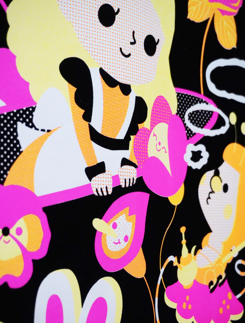 Flocked or velvet blacklight poster featuring alice in wonderland artwork in UV-reactive neon colors