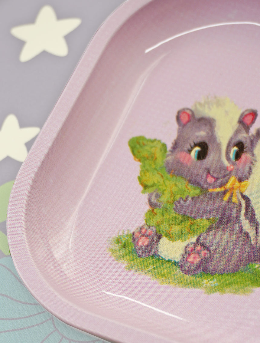 Decorative metal tray featuring a kawaii retro baby animal design, perfect for desks, vanities, or gifting