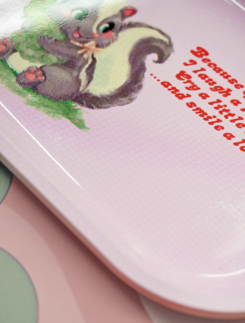 Decorative metal tray featuring a kawaii retro baby animal design, perfect for desks, vanities, or gifting