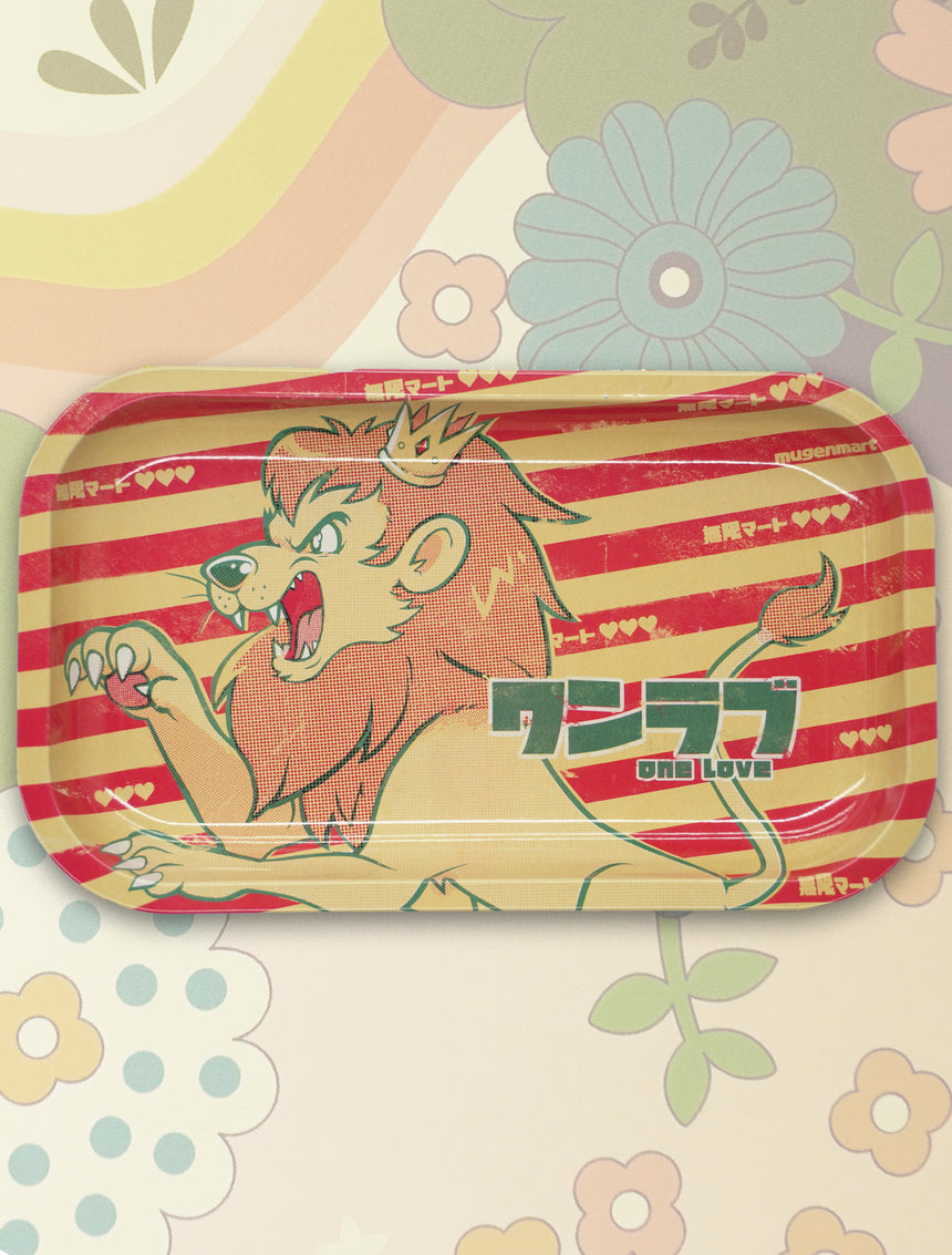 Decorative metal tray featuring a retro rasta stylized lion of judah design, perfect for keys, desks, vanities, or gifting