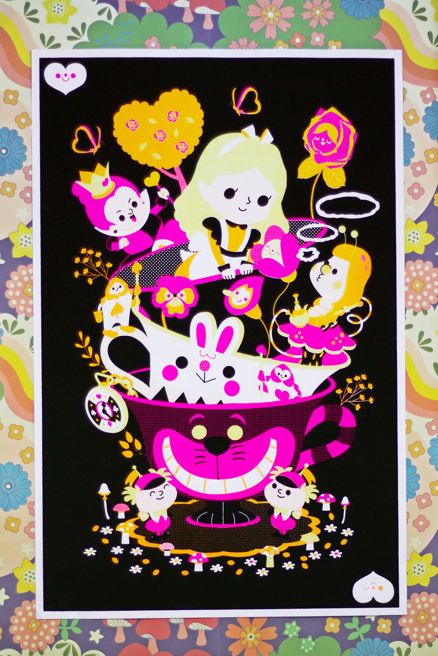 Flocked or velvet blacklight poster featuring alice in wonderland artwork in UV-reactive neon colors