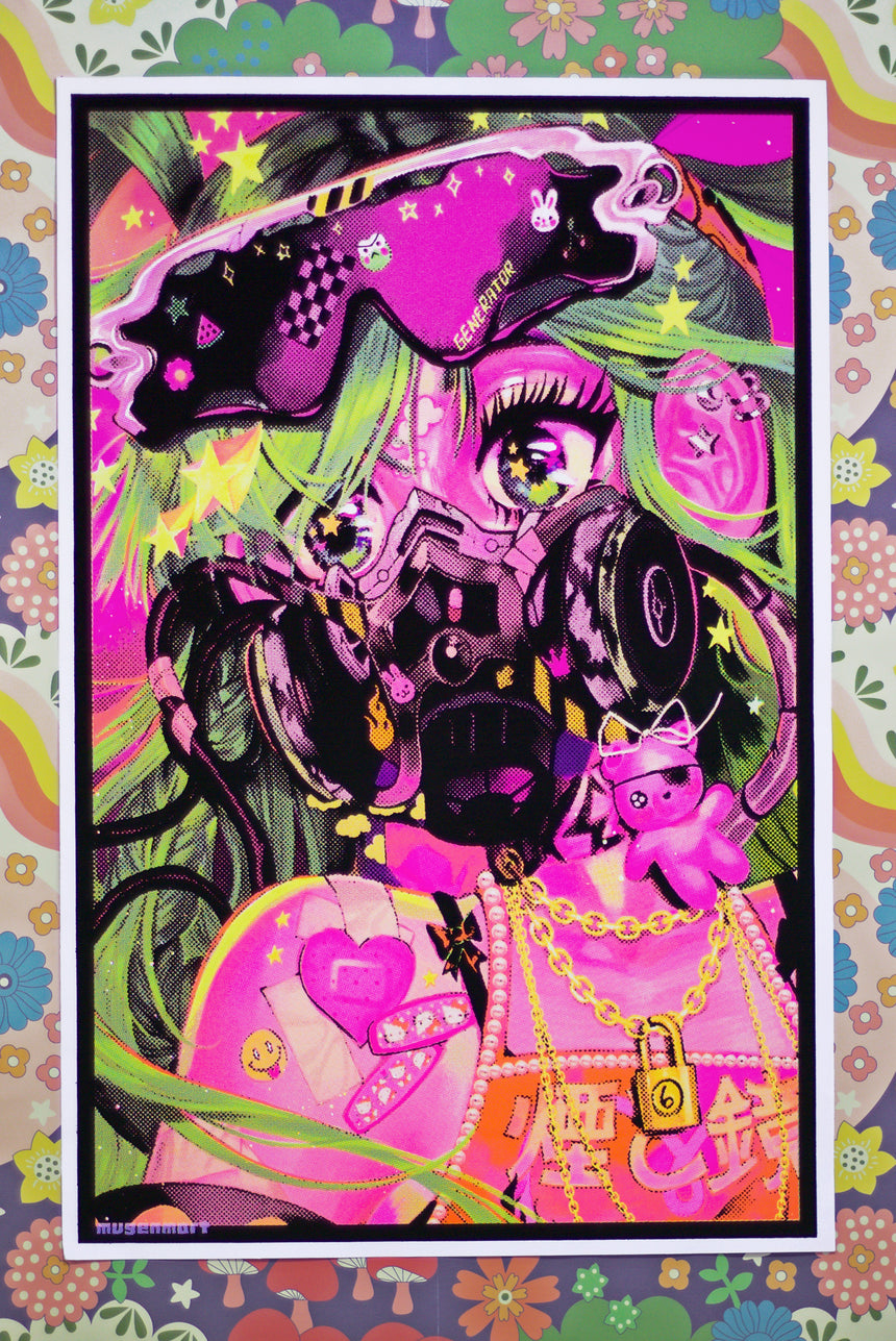 Flocked or velvet blacklight poster featuring alice in wonderland artwork in UV-reactive neon colors