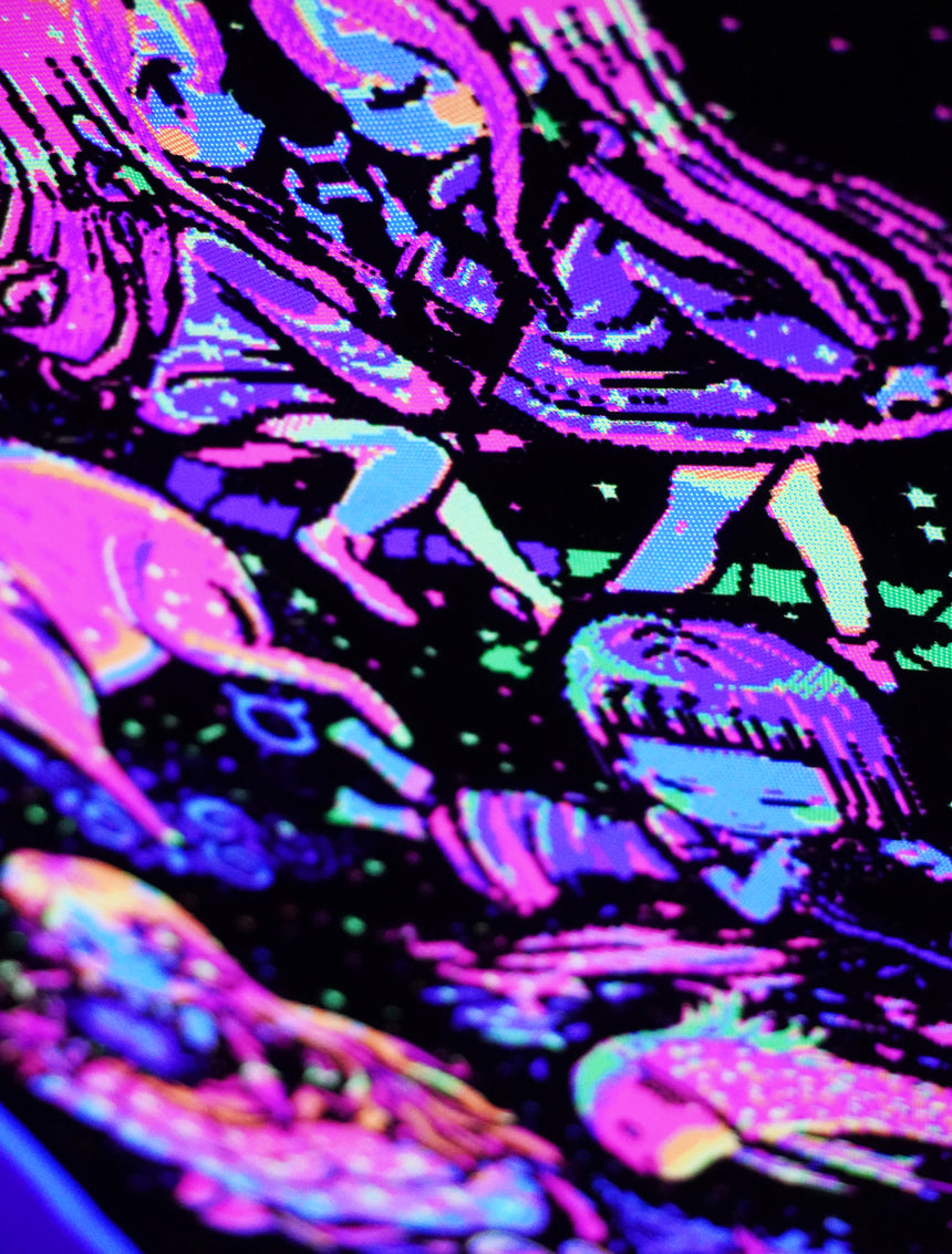 Flocked velvet blacklight poster featuring the 12 astrological zodiacs pixel artwork in UV-reactive neon colors