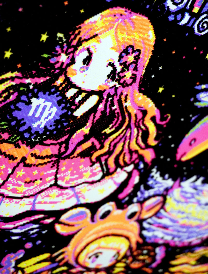 Flocked velvet blacklight poster featuring the 12 astrological zodiacs pixel artwork in UV-reactive neon colors
