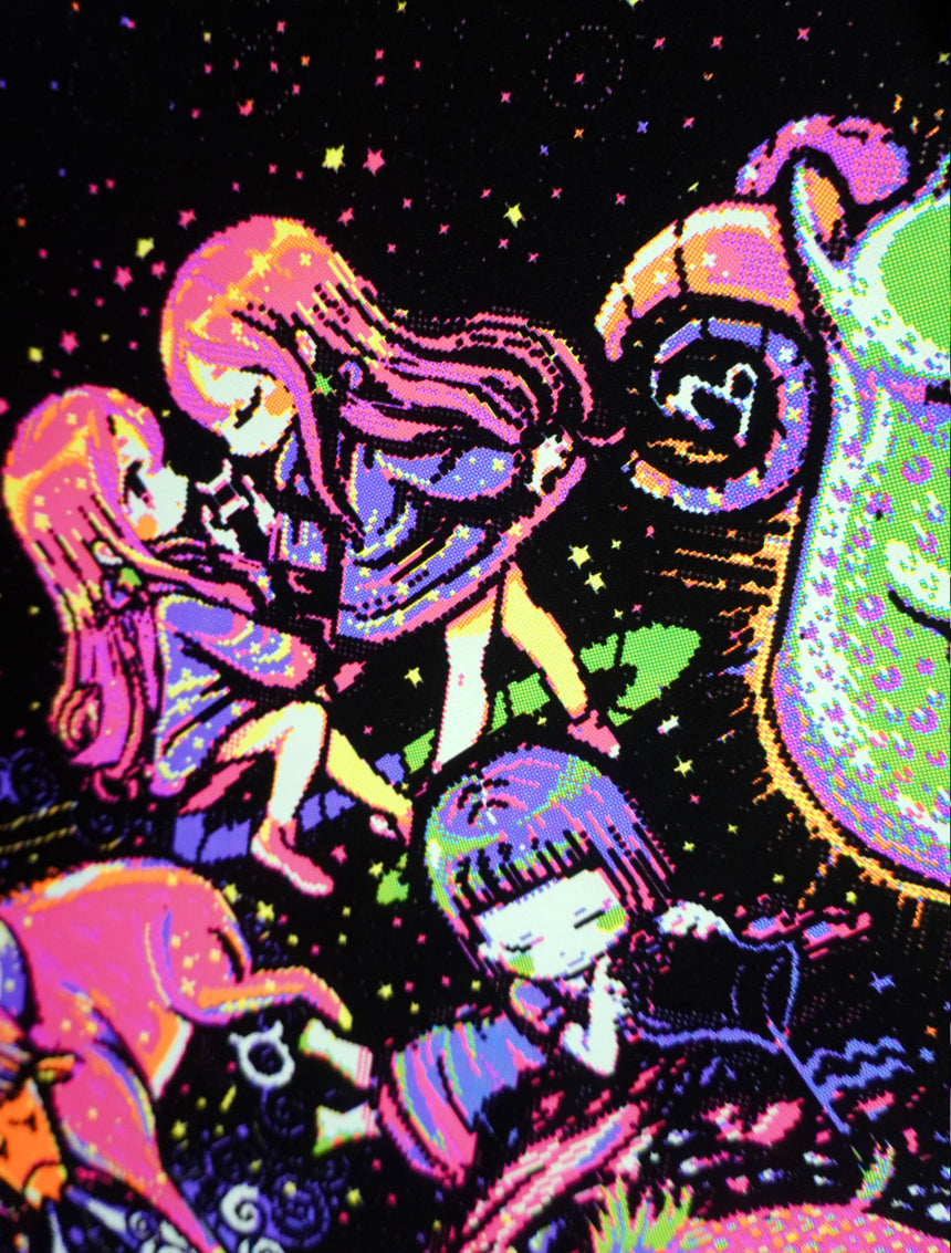 Flocked velvet blacklight poster featuring the 12 astrological zodiacs pixel artwork in UV-reactive neon colors