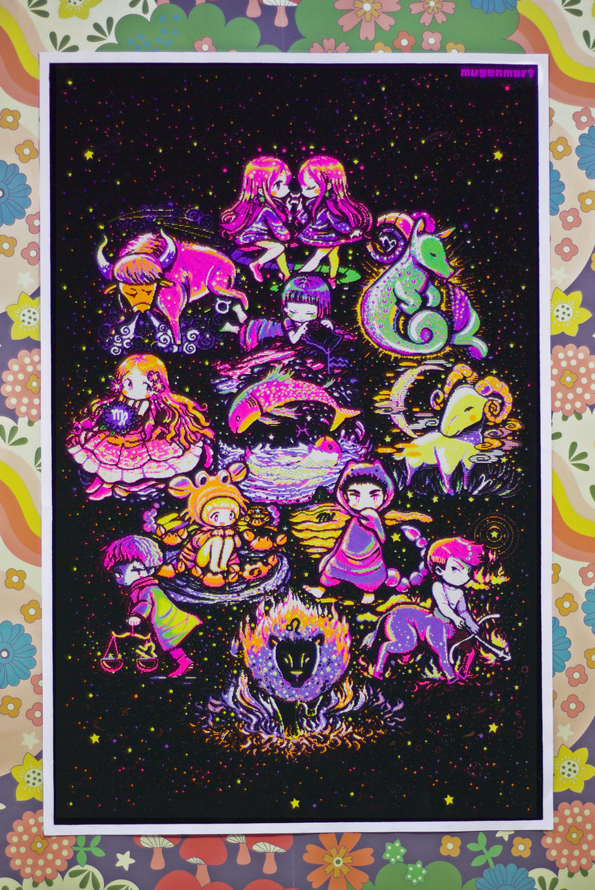 Flocked or velvet blacklight poster featuring alice in wonderland artwork in UV-reactive neon colors